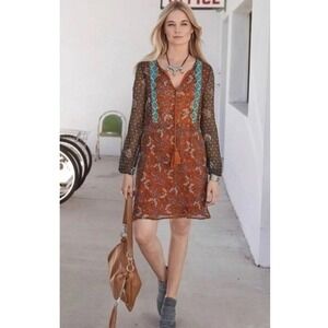 Sundance Women's Paisley Print Tunic Dress Tassel Tie Boho Orange Size PM